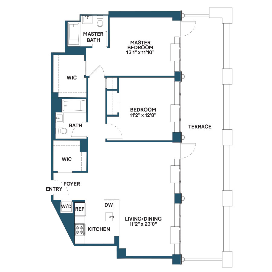 Floor plan for 2 beds, 2 baths